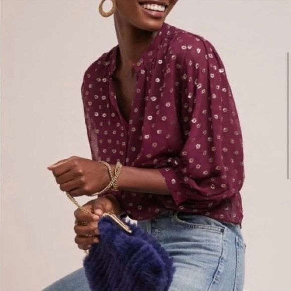 Moulinette Soeurs by Anthropologie Allegra Blouse Burgundy with Gold Foil - Picture 2 of 9